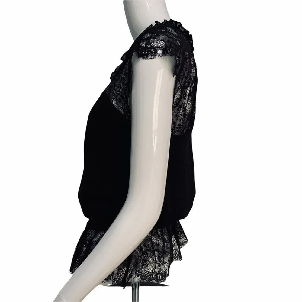 Express Black Lace Peplum Silk Blouse Sequins M - Picture 3 of 15